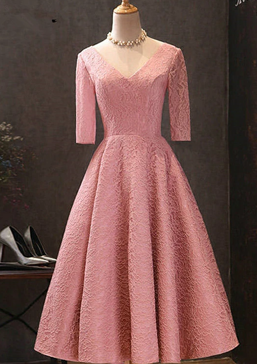 Pink V-Neckline Lace Short Sleeves Tea Length Wedding Party Dress, Short Prom Dress cg17057