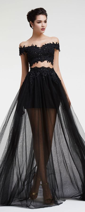 Schwarzes zweiteiliges Ballkleid mit Perlen und Spitze cg1705