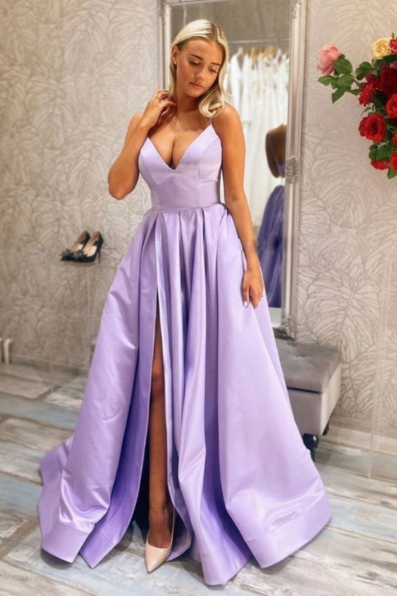 Newest V Neck Purple Satin Long Prom Dresses with Slit, V Neck Purple Formal Dresses cg17075