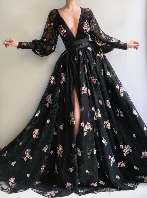 tulle fabric V-neck Black part dress Handmade embroidery field flowers prom dress cg17094