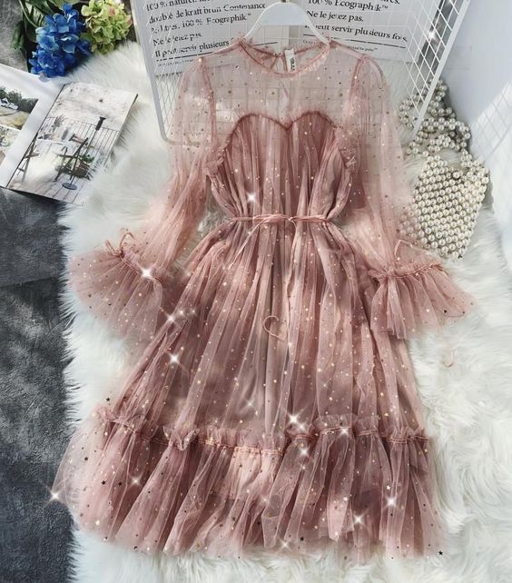 Star Sequined Long-Sleeve Layered Mesh A-Line Dress Prom Dress cg17100
