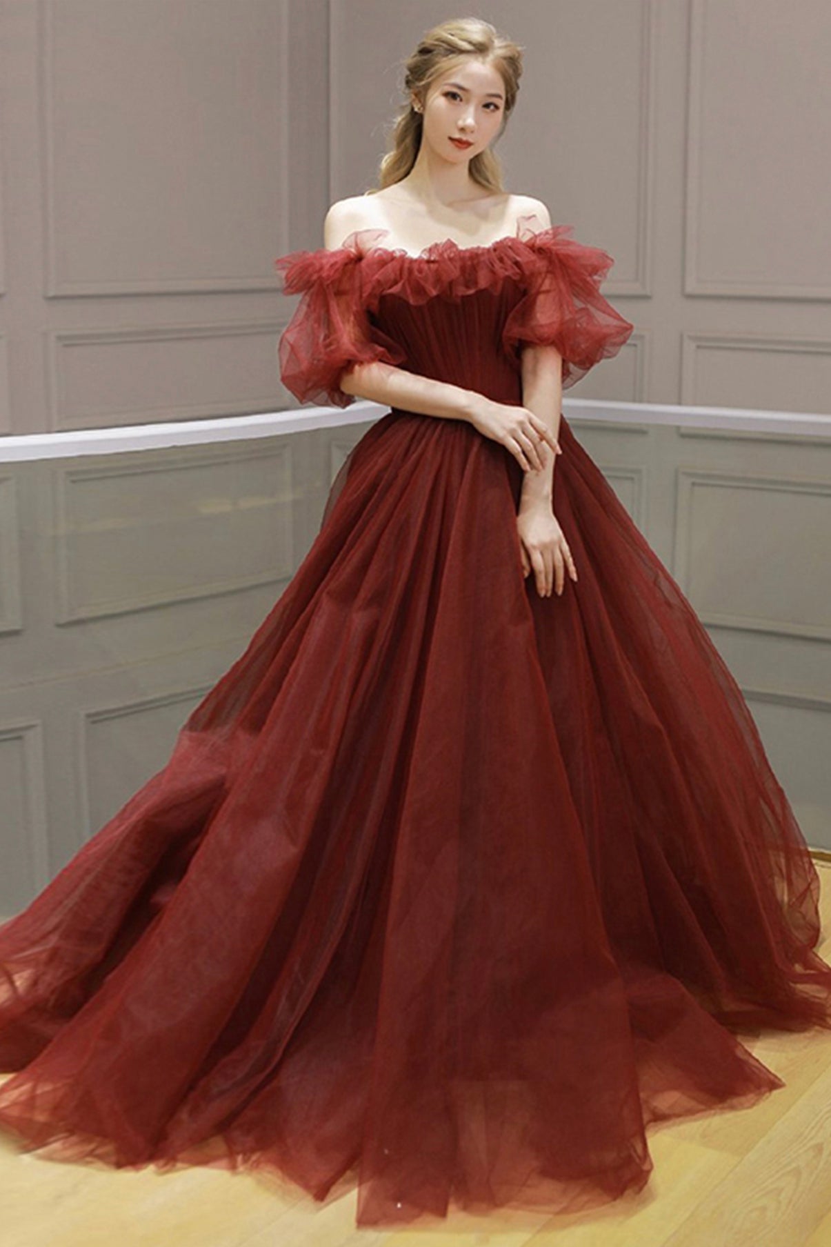 BURGUNDY TULLE LONG PROM DRESS A LINE EVENING DRESS cg17105