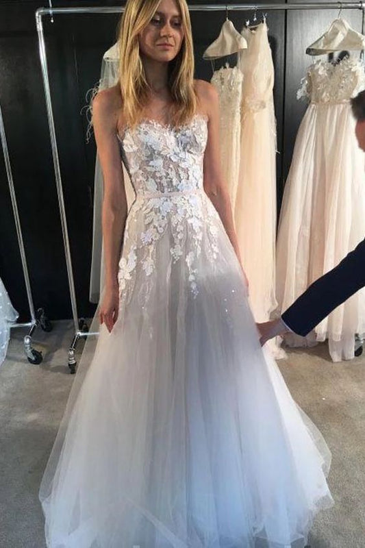 A-Linie Lange Ballkleider Schulterfrei Trägerlos Sexy Tüll Brautkleider mit Applikationen, Sweetheart A-Linie Brautkleider cg17122