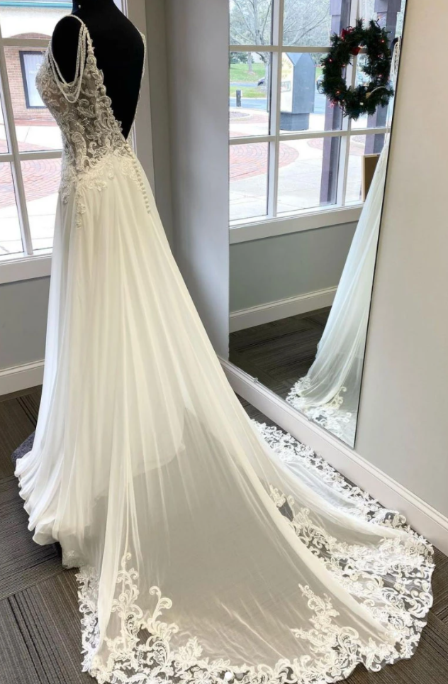 White v neck chiffon lace long prom dress, white evening dress cg17128