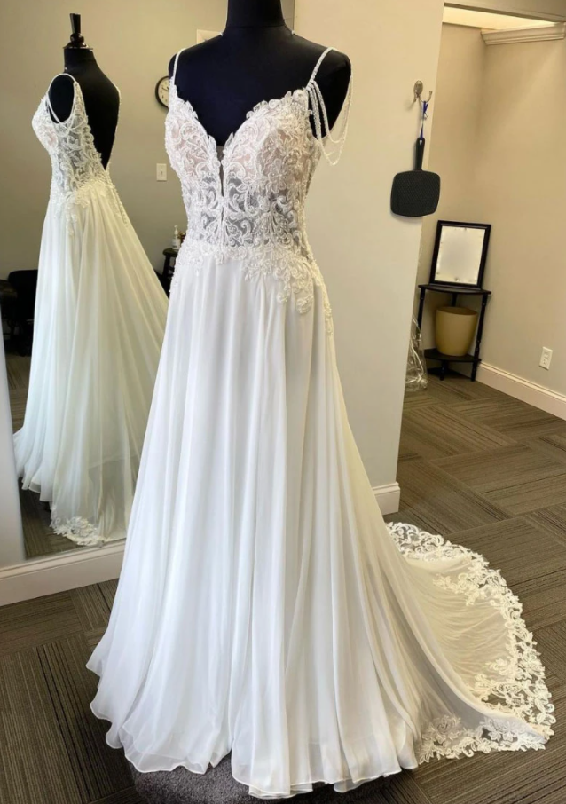 White v neck chiffon lace long prom dress, white evening dress cg17128