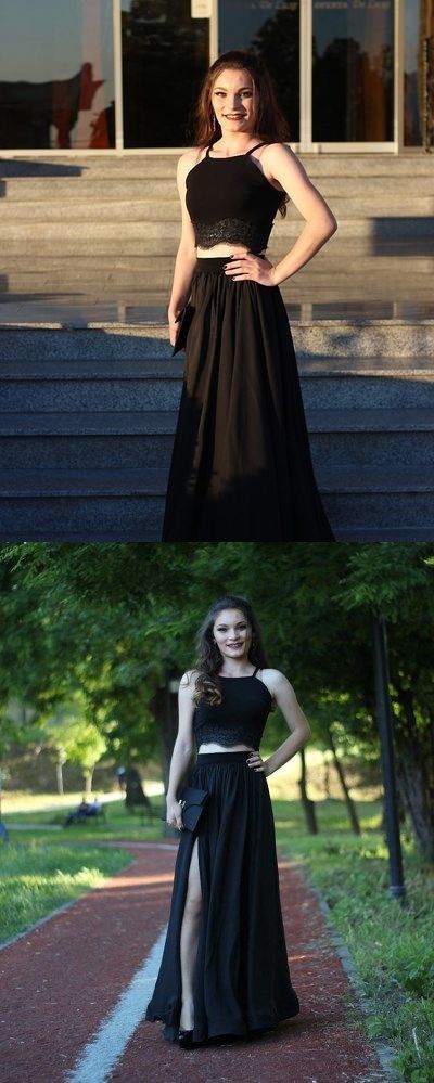 Two Piece Straps Black Long Prom Dress with Side Slit cg17134