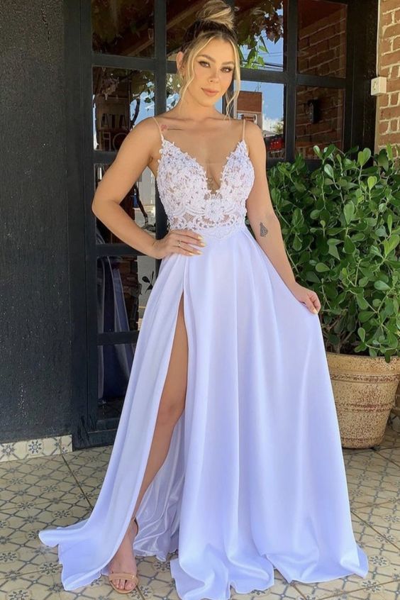 Elegant lace plung neck boho dresses side split prom dress with spaghetti straps cg17142