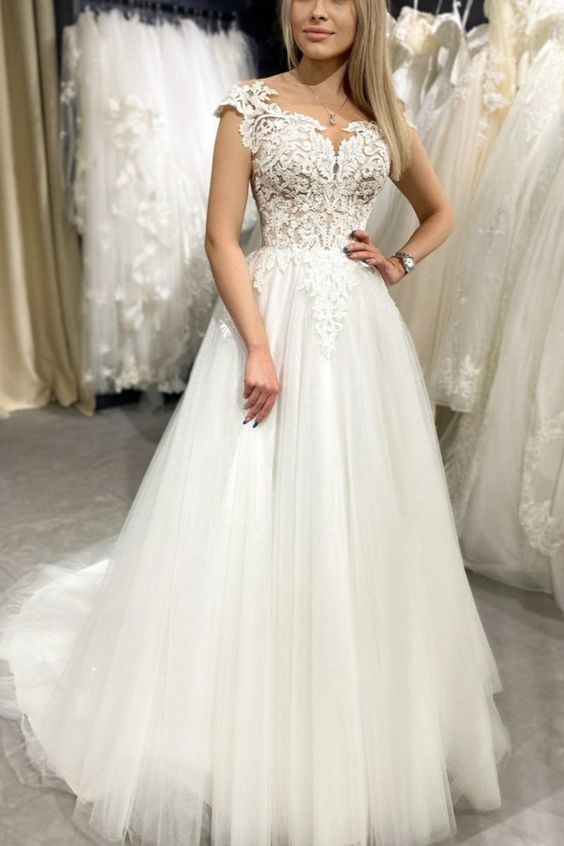 Elegant White Tulle Lace Cap Sleeves Prom Dress cg17145