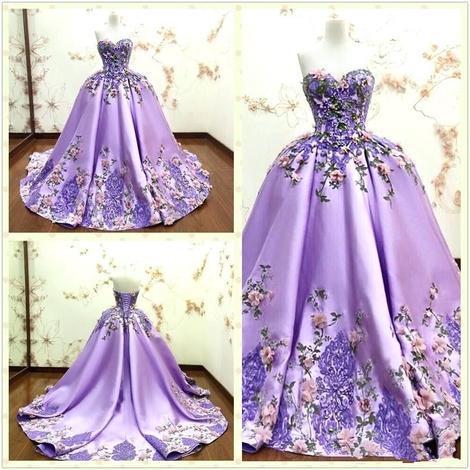 Luxury Purple Ball Gown Evening Dresses 3D-Floral Appliques Flower Lace  Formal Prom Gowns g17157