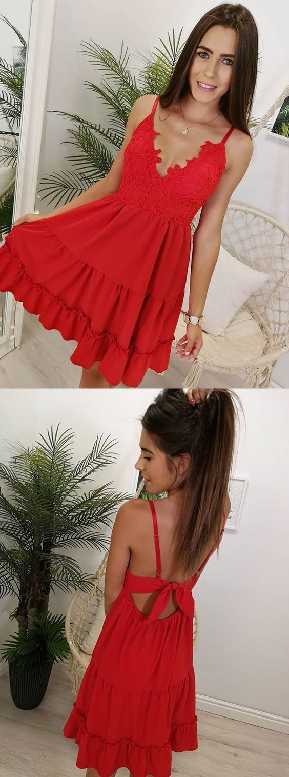 Princess Cute Mini Red Dress, Sexy Red Cocktail Dress with Straps cg1716