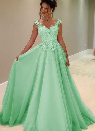 Green tulle lace round neck A-line long prom dresses cg17164