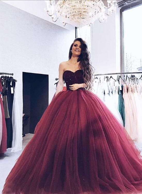 Ball Gown Evening Dress Prom Dress Burgundy Tulle Long Evening Dress Formal Gown cg17165