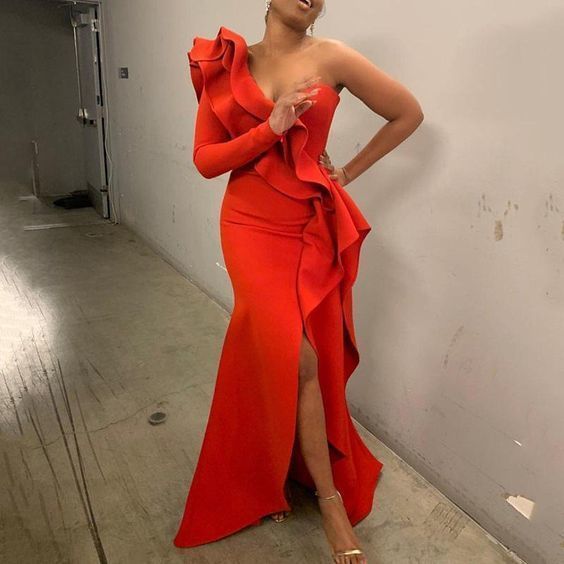 Elegant Party Sexy Vintage Women Long prom Dresses One Shoulder Bodycon Split Female Ruffles Maxi Red Dress cg17173