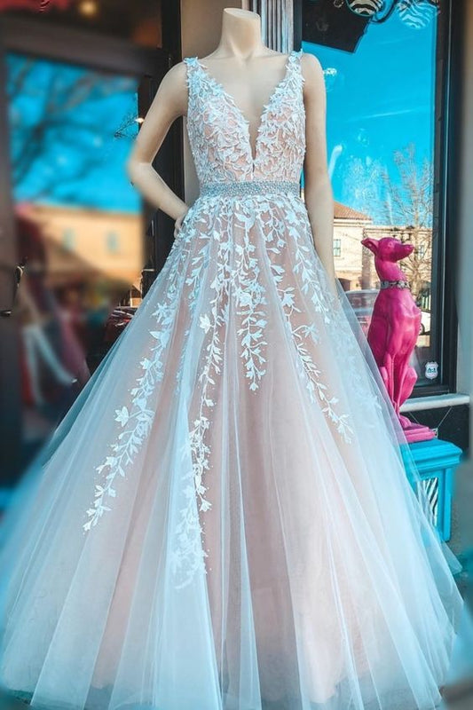 A-Linie Elfenbein Spitze appliziert langes Brautkleid Abendkleid Ballkleid cg17193