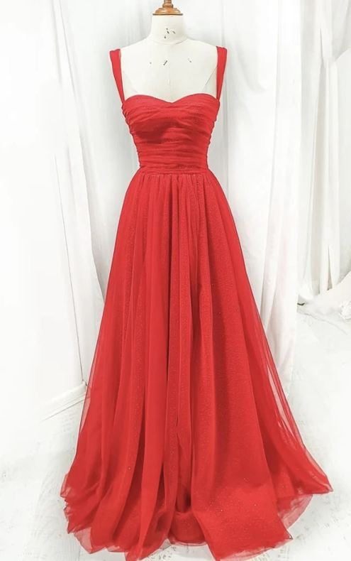 Red tulle long A line prom dress evening dress cg17198