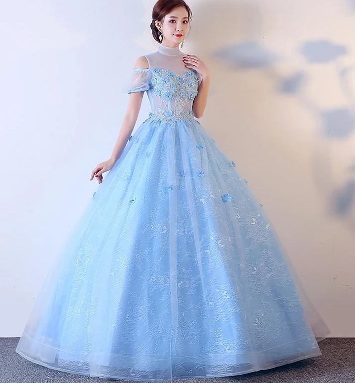Light Blue Lace High Neck Lace Applique Ball Gown, Lace Sweet 16 Dress, Prom Dress cg17199