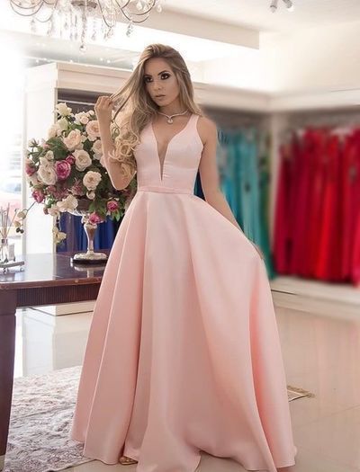 Einfache rosa Ballkleider mit V-Ausschnitt, lange Abendkleider aus Satin cg1720