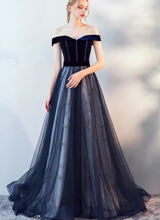 Navy Blue Off Shoulder Tulle With Velvet Long Party Dress, Blue Prom D classygown Navy Blue Off Shoulder Tulle With Velvet Long Party Dress, Blue Prom D classygown