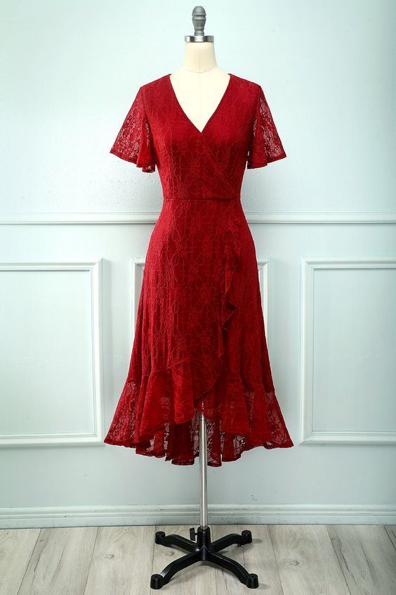 Red Lace Party Dress , Charming Short Homecoming Dresses cg17203