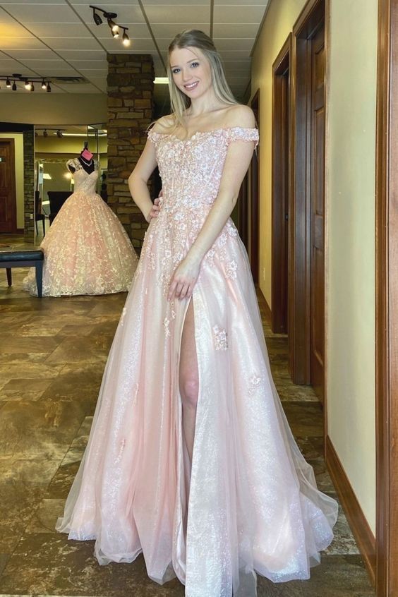Off the shoulder princess pink long formal dress with side slit Prom Dress cg17207