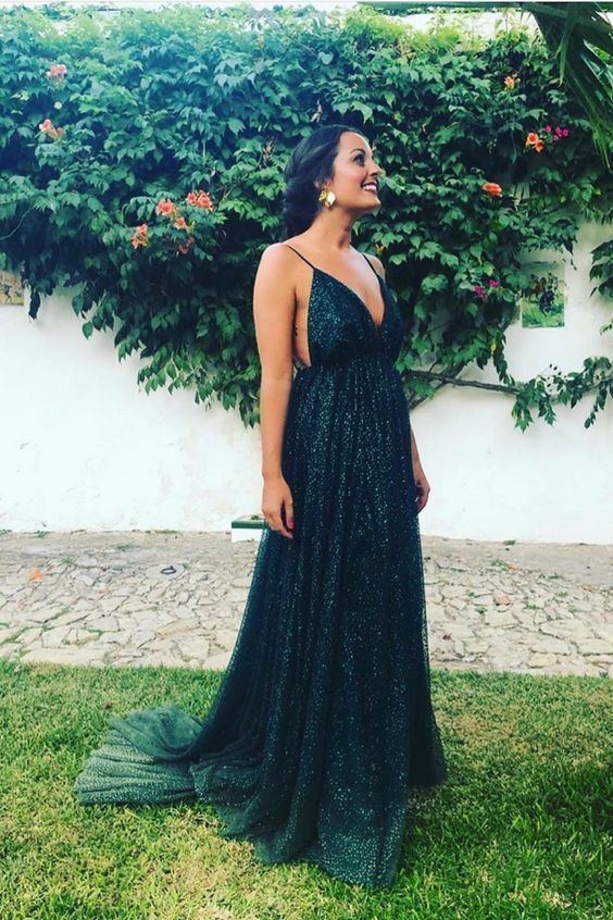 A-line V Neck Shiny Prom Dress , Sexy Backless Prom Dress cg17210