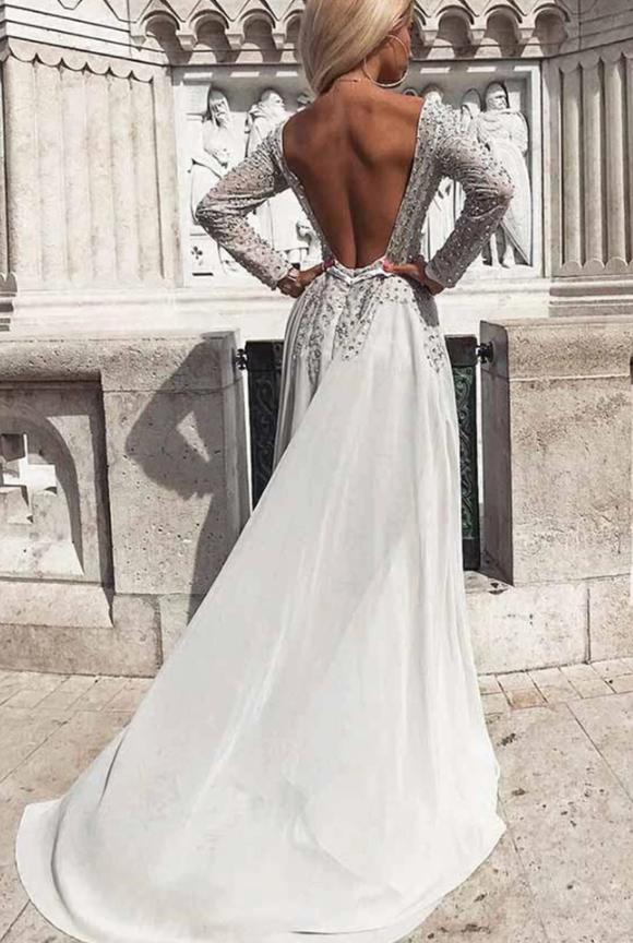 Silver Grey Sequins Long Sleeves Backless Prom Dress, Long Sleeves Silver Grey Formal Dress cg17213