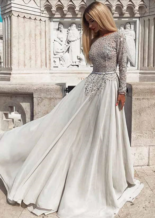 Silver Grey Sequins Long Sleeves Backless Prom Dress, Long Sleeves Silver Grey Formal Dress cg17213