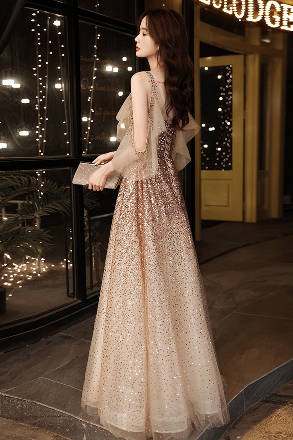 GOLD SEQUINS LONG PROM DRESS EVENING DRESS cg17240