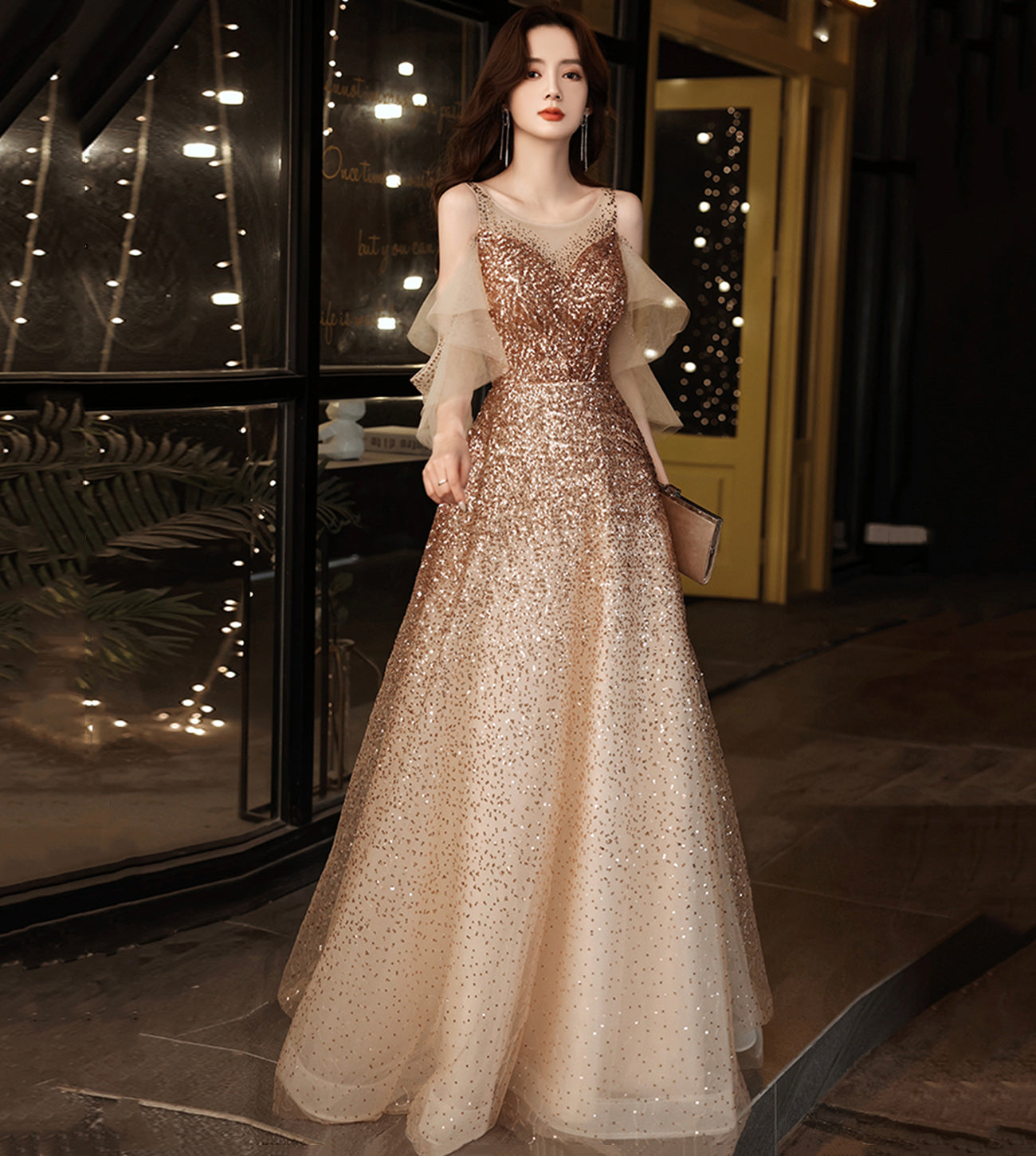 GOLD SEQUINS LONG PROM DRESS EVENING DRESS cg17240