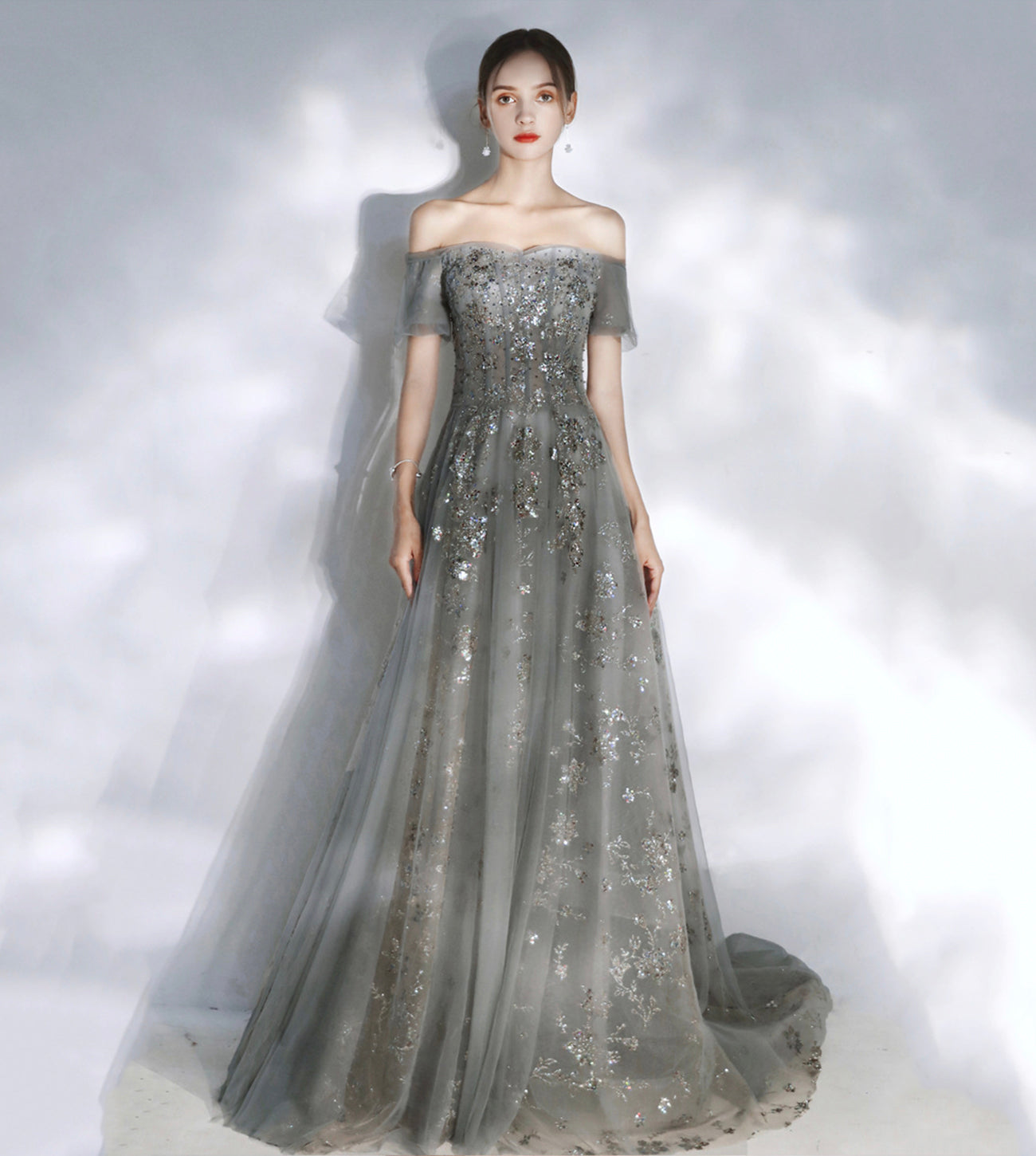 GREY SEQUINS LONG A LINE PROM DRESS EVENING DRESS cg17241