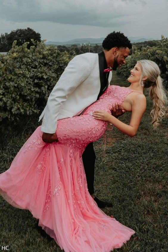 mermaid hot pink lace appliqued long formal dress with lace up back prom dress cg17243