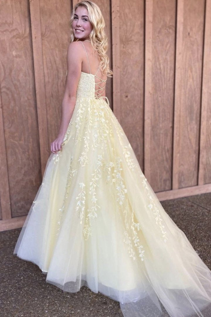 Yellow lace long prom dress A line evening dress cg17255