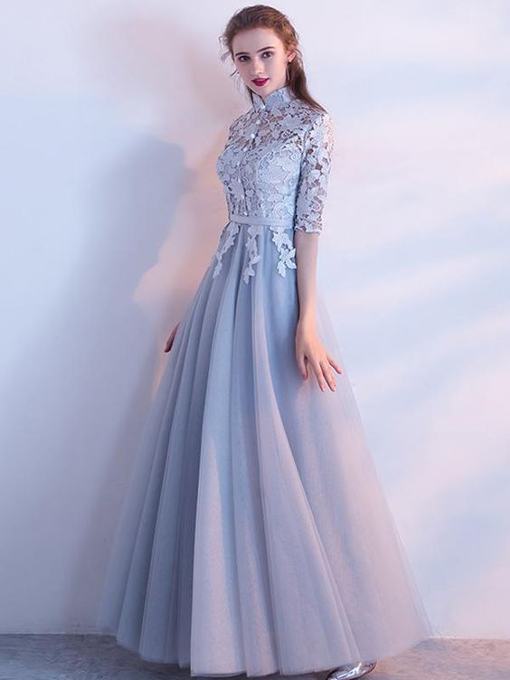 A-line High Neck Floor-length Half sleeve Tulle Prom Dress/Evening Dress cg17268