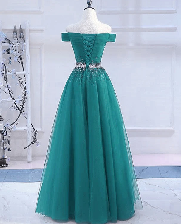 Pretty Hunter Green Off Shoulder Beaded Prom Dress, Long Evening Dress, Party Dress cg17274