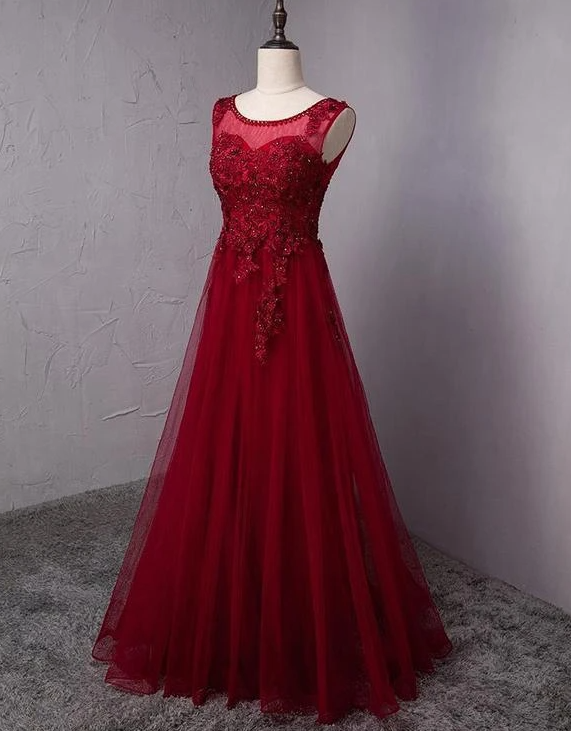Wine Red Round Neckline Beaded Long Party Dress, Burgundy Tulle Prom Dress 2021 cg17275