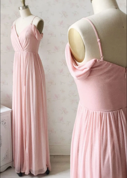 Schlichtes, schulterfreies rosa Ballkleid mit V-Ausschnitt, rosa Brautjungfernkleid cg17276
