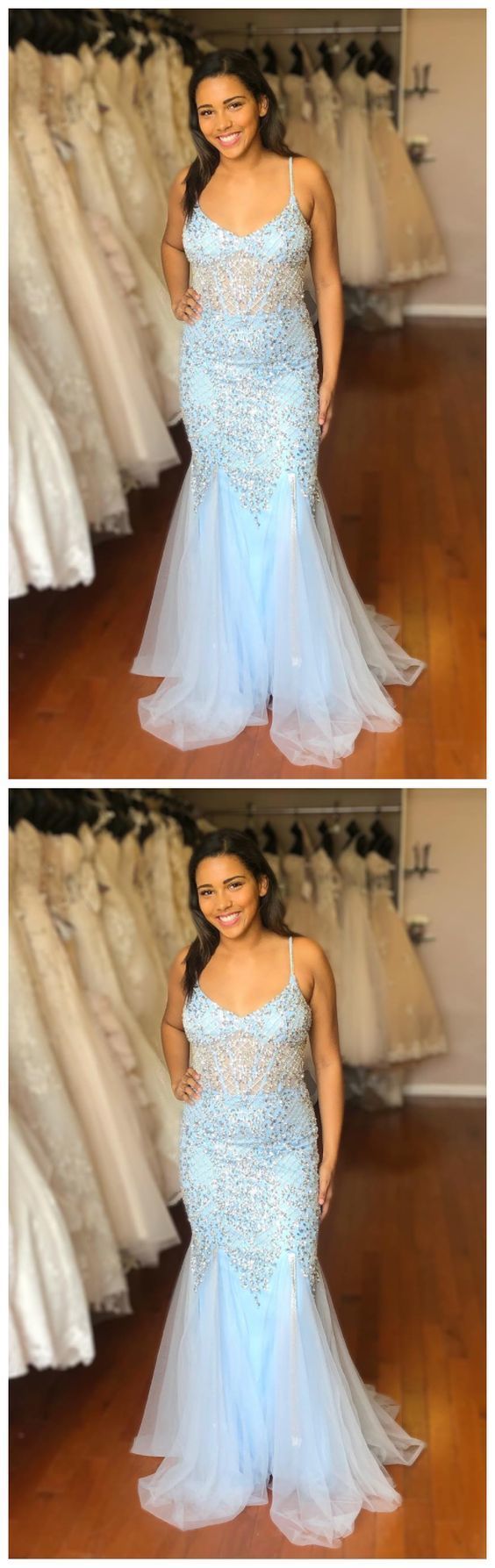 Mermaid Spaghetti Straps Sleeveless Blue Prom Dress with Beading cg17286