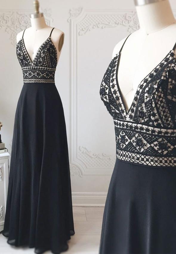Black chiffon long prom dress lace evening dress cg17300