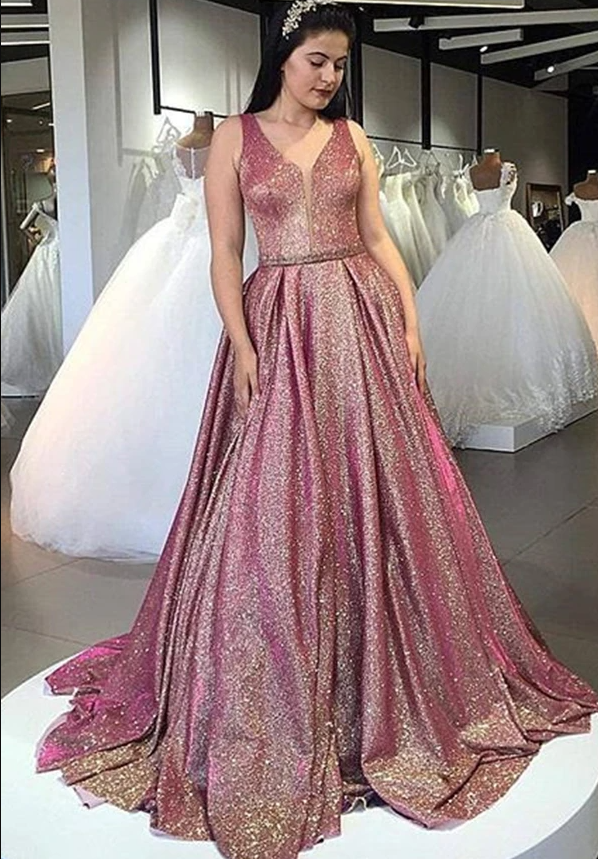Stunning V Neck Sleeveless A Line Prom Dress with Sequins cg17313