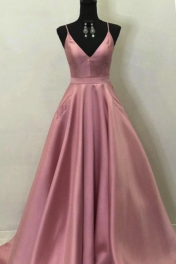 Simple Pink Satin V Neck Long A Line Pocket Prom Dress, Party Dress cg17318