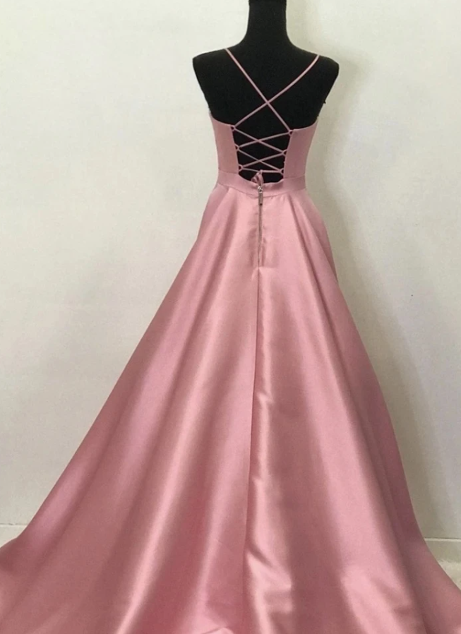 Simple Pink Satin V Neck Long A Line Pocket Prom Dress, Party Dress cg17318