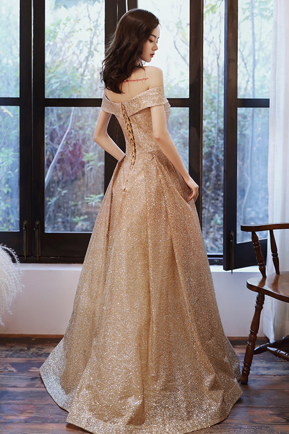 GOLD SEQUINS LONG A LINE PROM DRESS EVENING DRESS cg17322