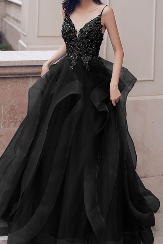 Priness A-line black tulle long formal dress evening prom dress cg17323