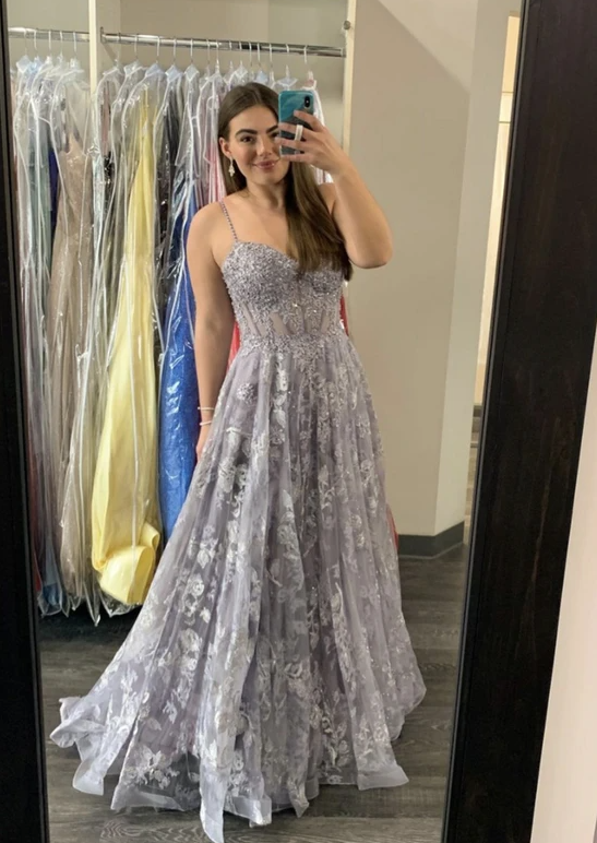 Grey tulle sequins long A line prom dress evening dress cg17329