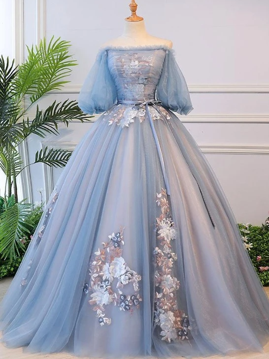 Blue Tulle Floral Off Shoulder Princess Formal Dress, Blue Sweet 16 Dress, Prom Dress cg17330