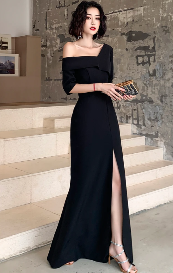 Black One Shoulder Slit Long Evening Dress, Black Formal Dress Prom Dress cg17331