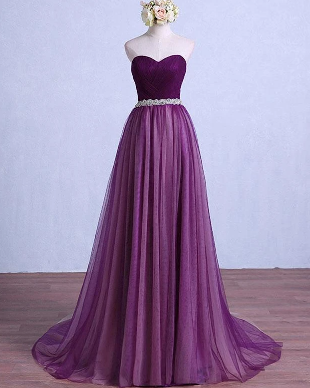 Purple Tulle Sweetheart Long Wedding Party Dress With Belt, Purple Prom Dress Bridesmaid Dress cg17332