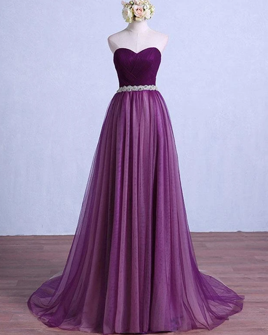 Lila Tüll Sweetheart Langes Hochzeitspartykleid mit Gürtel, Lila Ballkleid Brautjungfernkleid cg17332