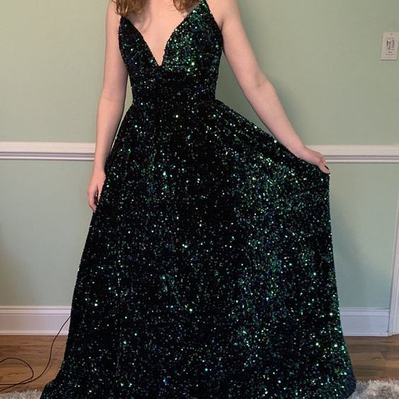 A-line V Neck Shiny Prom Dress , Seleeveless Prom Dress cg17334