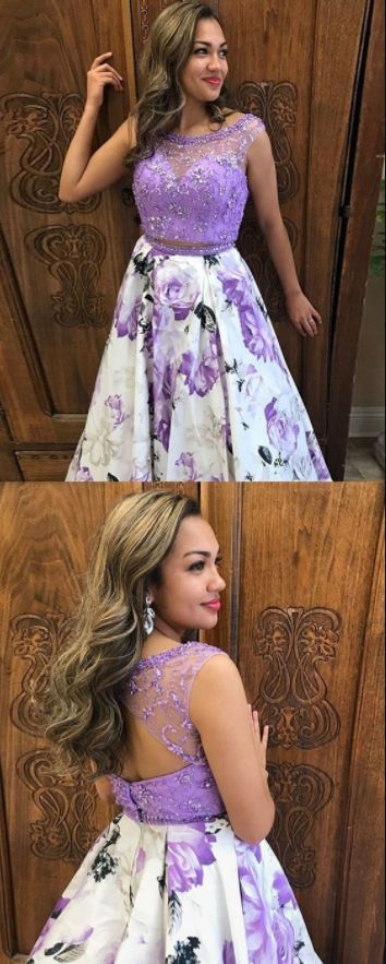 Two Piece Round Neck Open Back Long Floral Prom Dress cg17347